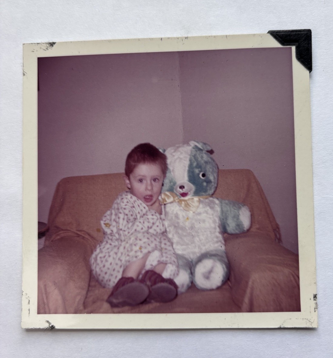 Vtg Color Snapshot Carnival Fair Prize Teddy Bear with Toddler Boy