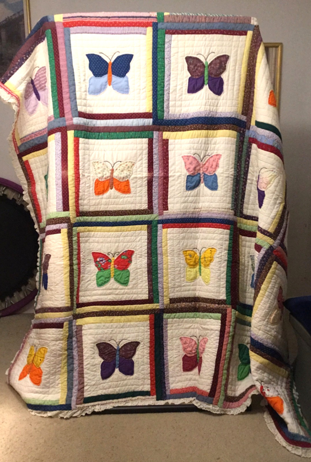 Vintage Homemade Patchwork Butterfly Themed Quilt