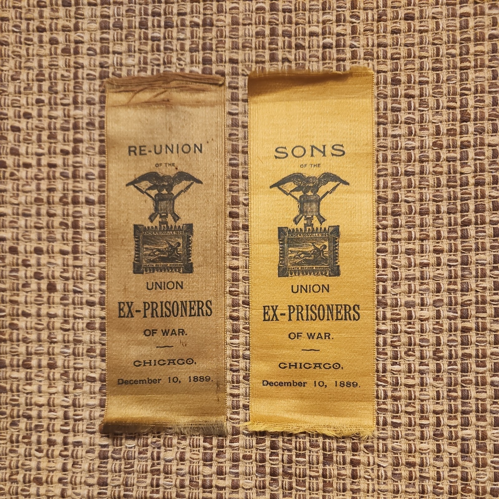  2 CHICAGO 1889 UNION EX-PRISONERS OF WAR REUNION RIBBONS - VETERAN   AND SON