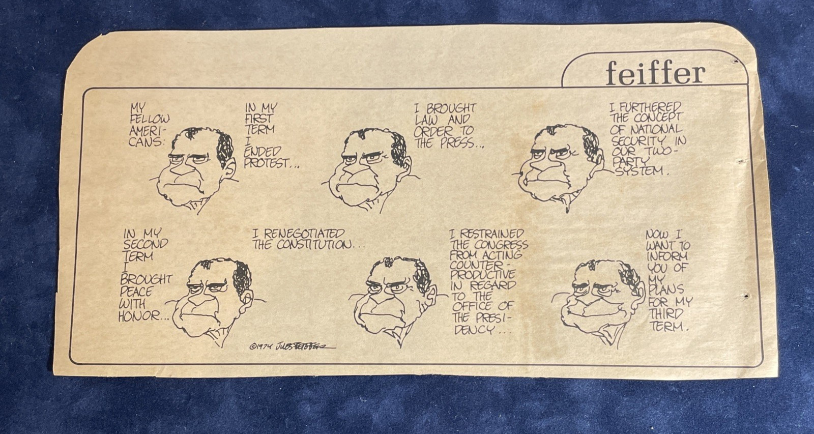 Vintage 1974 Jules Feiffer Political Cartoon Strip — Original Newspaper Clipping