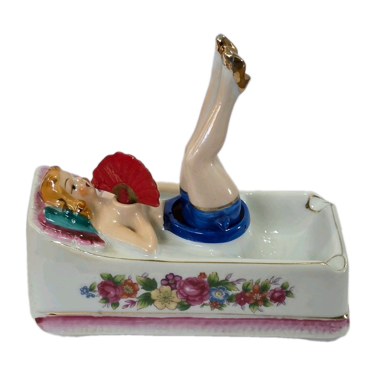 Vintage 1950s Naughty Nodder Ashtray Pinup Lady Legs Fan As-Is
