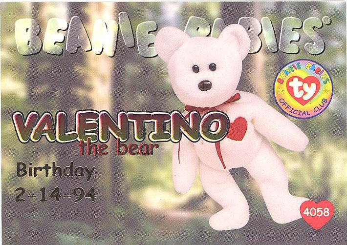 TY Beanie Babies BBOC Card - Series 1 Birthday (RED) - VALENTINO the Bear - NM/M