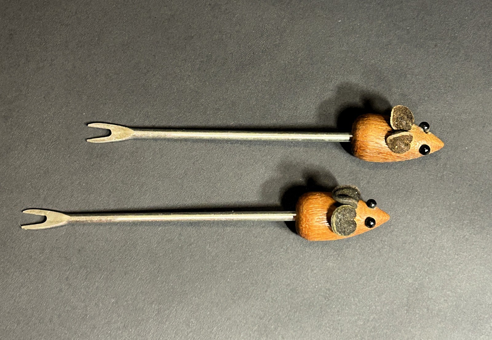 Vintage~Mid-Century Modern~Denmark~Teak & Leather~Mouse Cocktail Picks~Set of 2