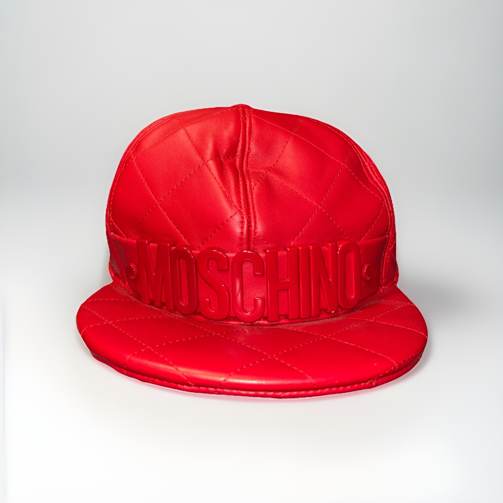 Moschino Red Quilted Leather Baseball Cap Raised Logo Made in Italy Size Medium