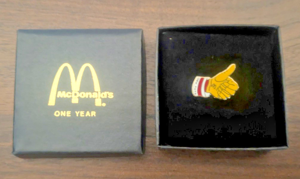 McDonalds Thumbs Up One Year Employee Service Award Lapel Pin with Original Box