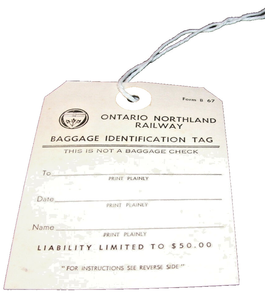 1967 ONTARIO NORTHLAND UNUSED BAGGAGE IDENTIFICATION TAG
