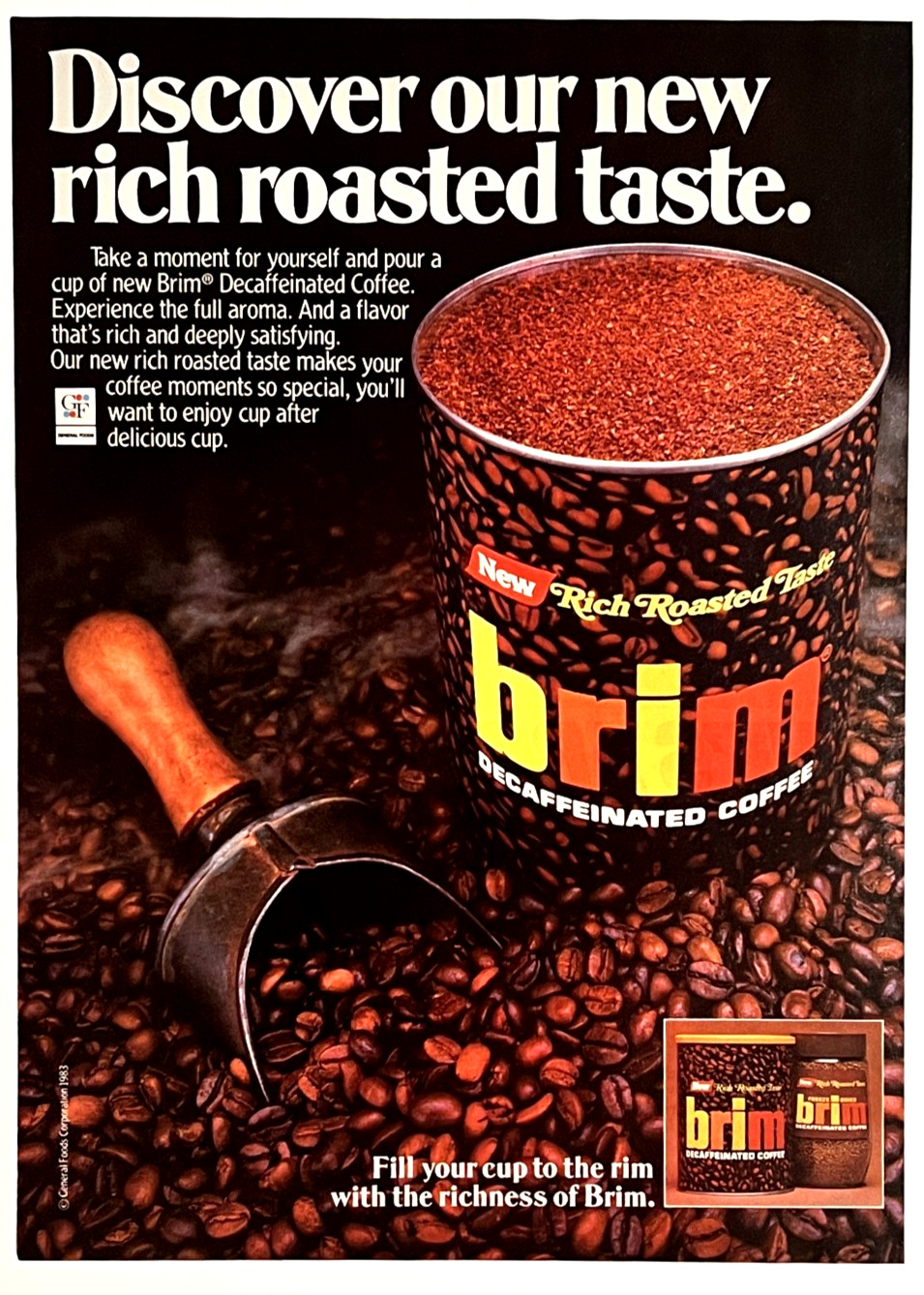 General Foods Brim Rich Roasted Taste Decaffeinated Coffee Vintage Print Ad 1983
