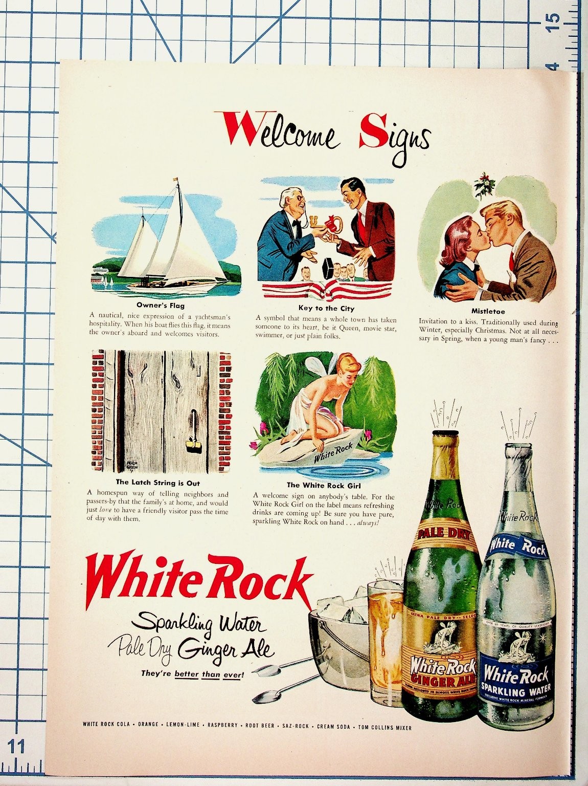 Vintage White Rock Welcome Signs Ad Sparkling Water Ginger Ale Original Print