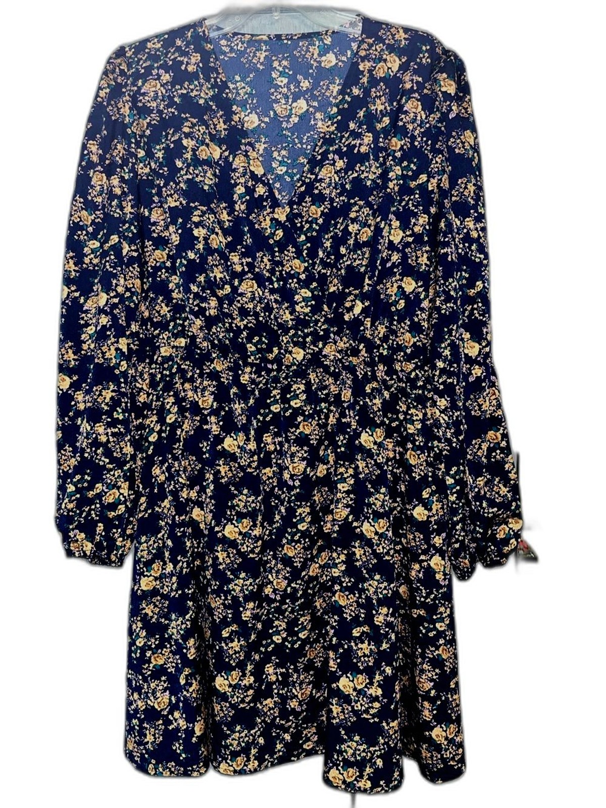 Cupshe Sz XXL Navy Floral V-Neck Long Sleeve Dress, Flowy, Plus, Boho, Fall