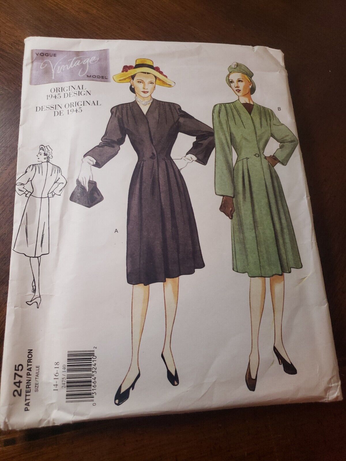 Vogue Pattern 2475 Original 1945 Fitted Coat Design 14 16 18