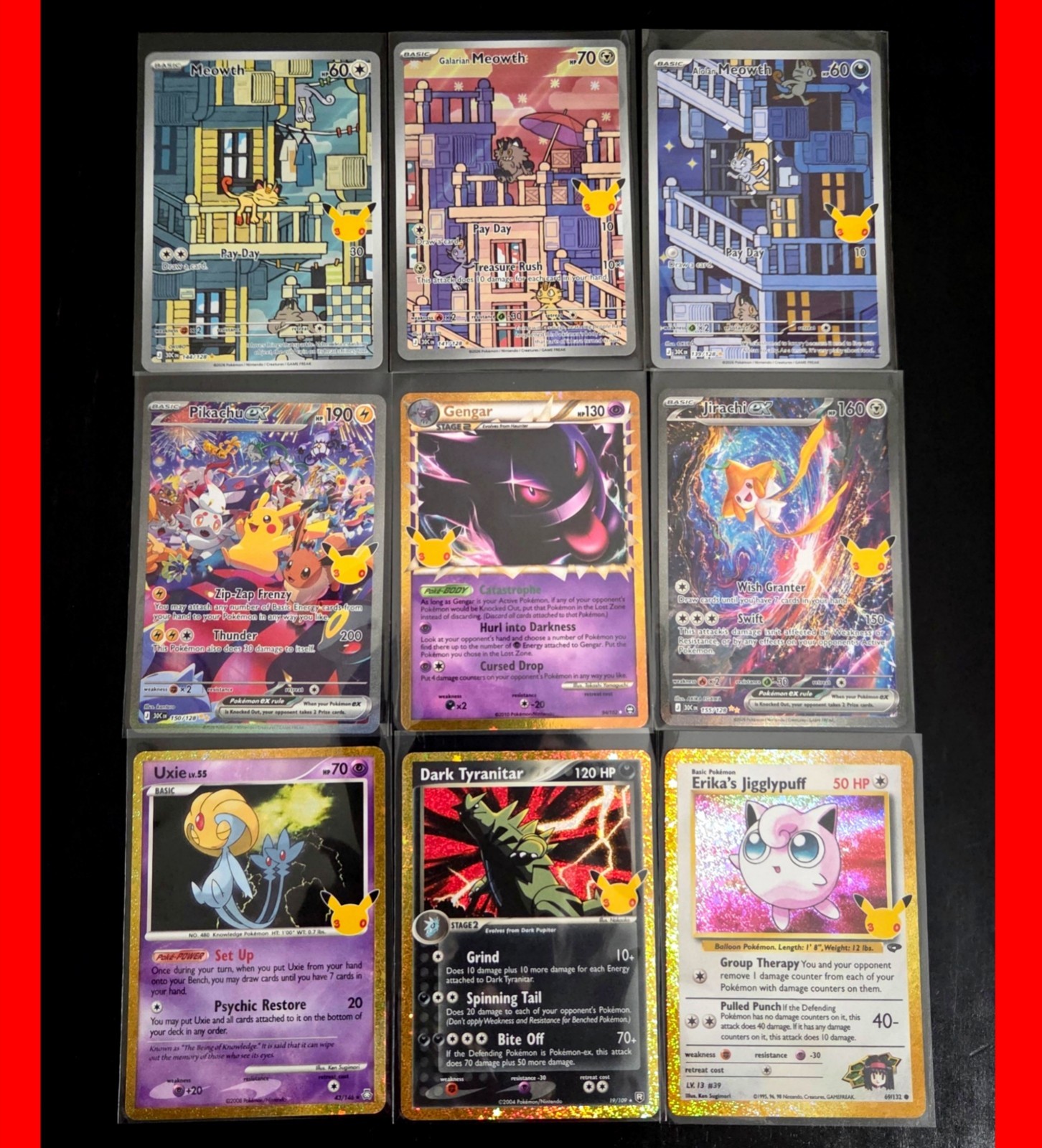 Pokemon 30th Celebration 9 Card Lot - Pikachu SIR, Jirachi SIR, Gengar Prime +