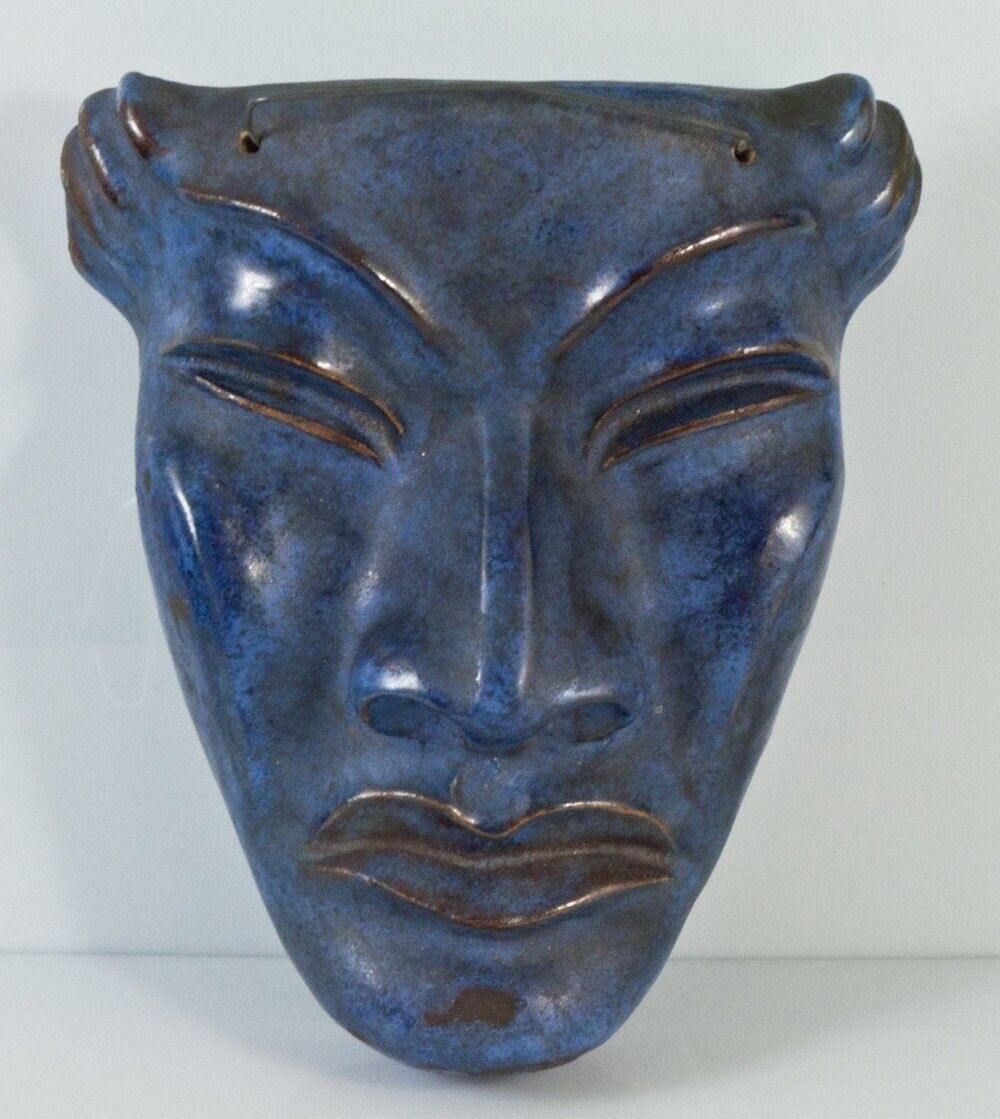 Vintage Mask Head Ceramic Signed Art Deco Blue African Decor Hang Rare Old 20th