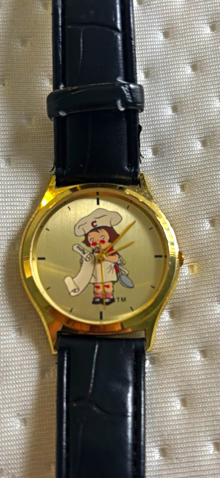 1990’s Campbell Kids Cartoon Analog Quartz Watch Gold Case Leather Collectible