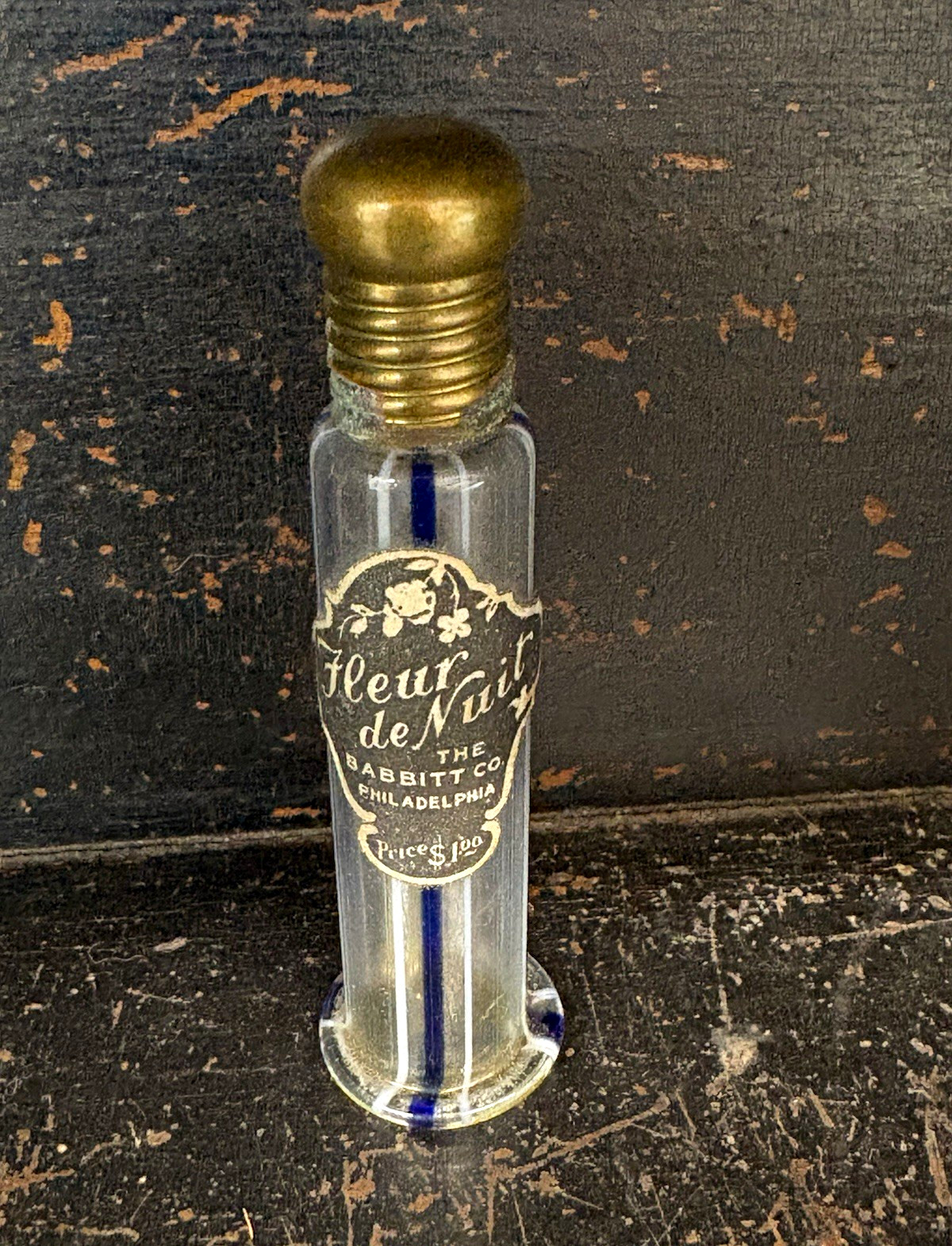 The Babbitt Co. Fleur de Nuit Perfume Bottle w/ Stopper Cap Applicator Antique
