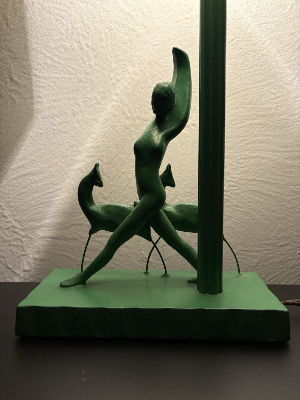 Antique 1930s Art Deco Figural Silhouette Table Lamp Cast Metal Nymph & Gazelle