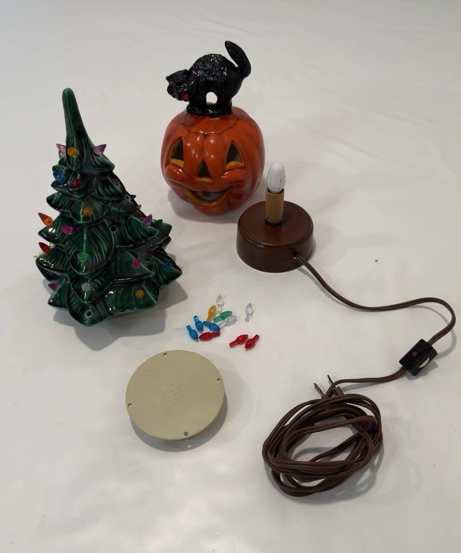 VTG 1977 Ceramic 11” Christmas Tree & Jack-o-lantern Holiday Christmas Halloween