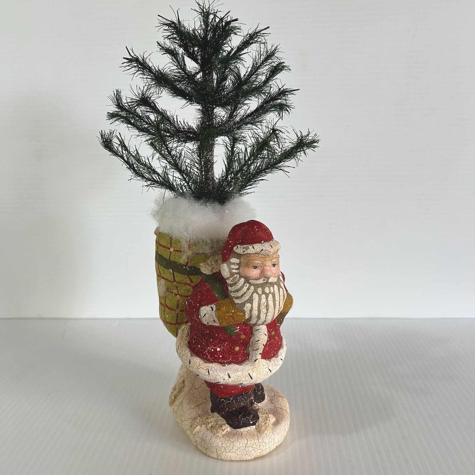 VTG Midwest Cannon Falls Santa Figurine w/ Feather Tree Bag Crackle Finish 12\