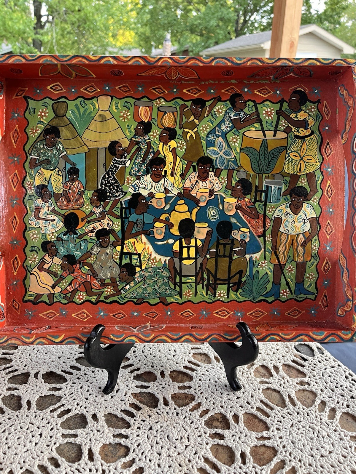 Vintage Zimbabwe African Weya Folk Art Hand-Painted & Signed Wood Tray