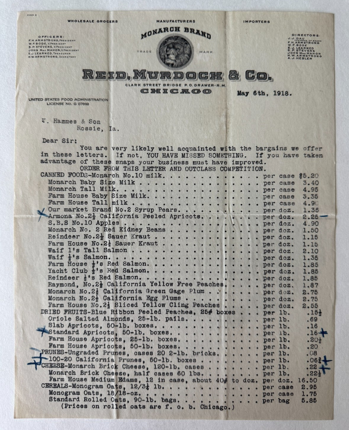 1918 Letterhead Chicago Reid Murdock & Co Monarch Brand lion building vignettes