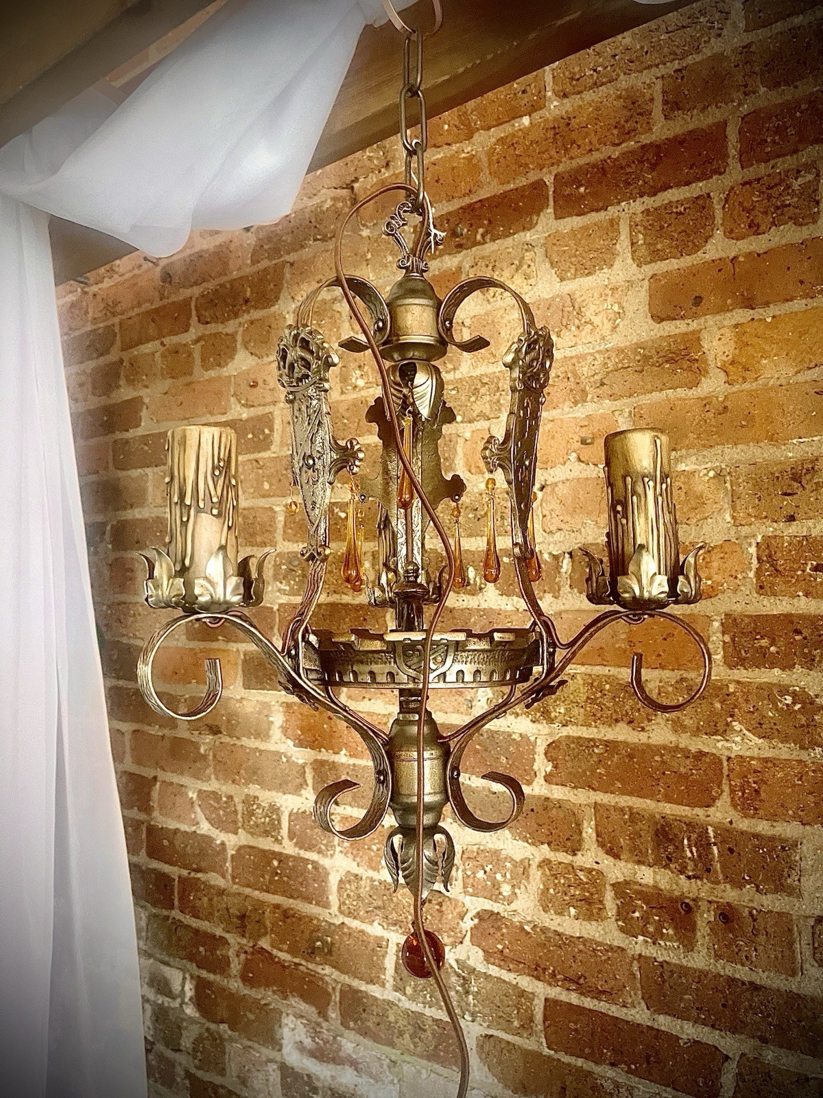 Vintage Wrought Iron Restored 1920's Gothic Ceiling 3 Light Fixture CHANDELIER