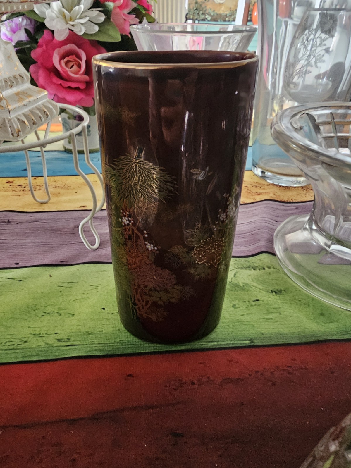 Vintage Japanese  Porcelain Vase with Gold Edge, 8.5 inches tall 