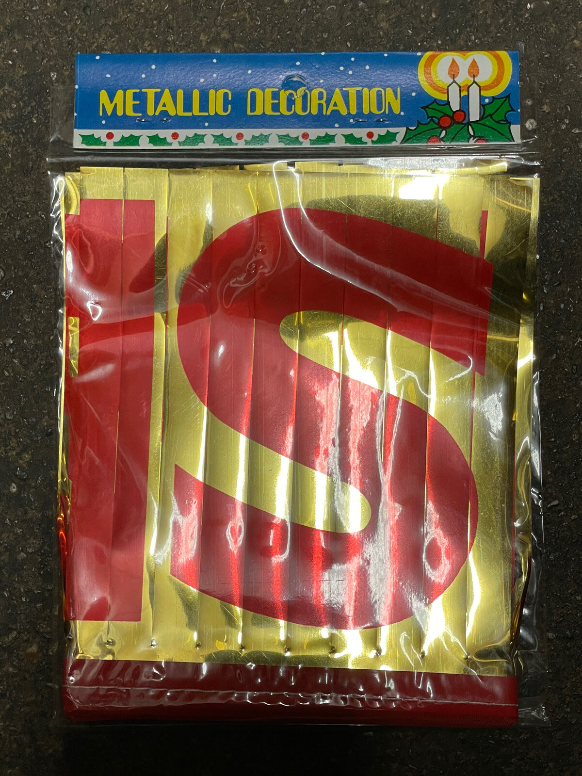 Vintage 70s METALLIC SEASONS GREETINGS CHRISTMAS BANNER Gold Red 6” Xmas Sealed