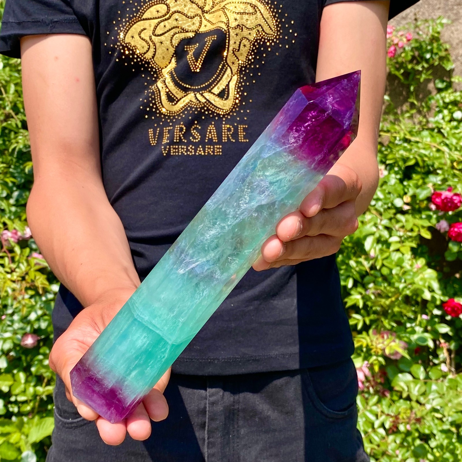 2LB  Natural Rainbow Fluorite Quartz Healing Stone Crystal Point Wand Obelisk