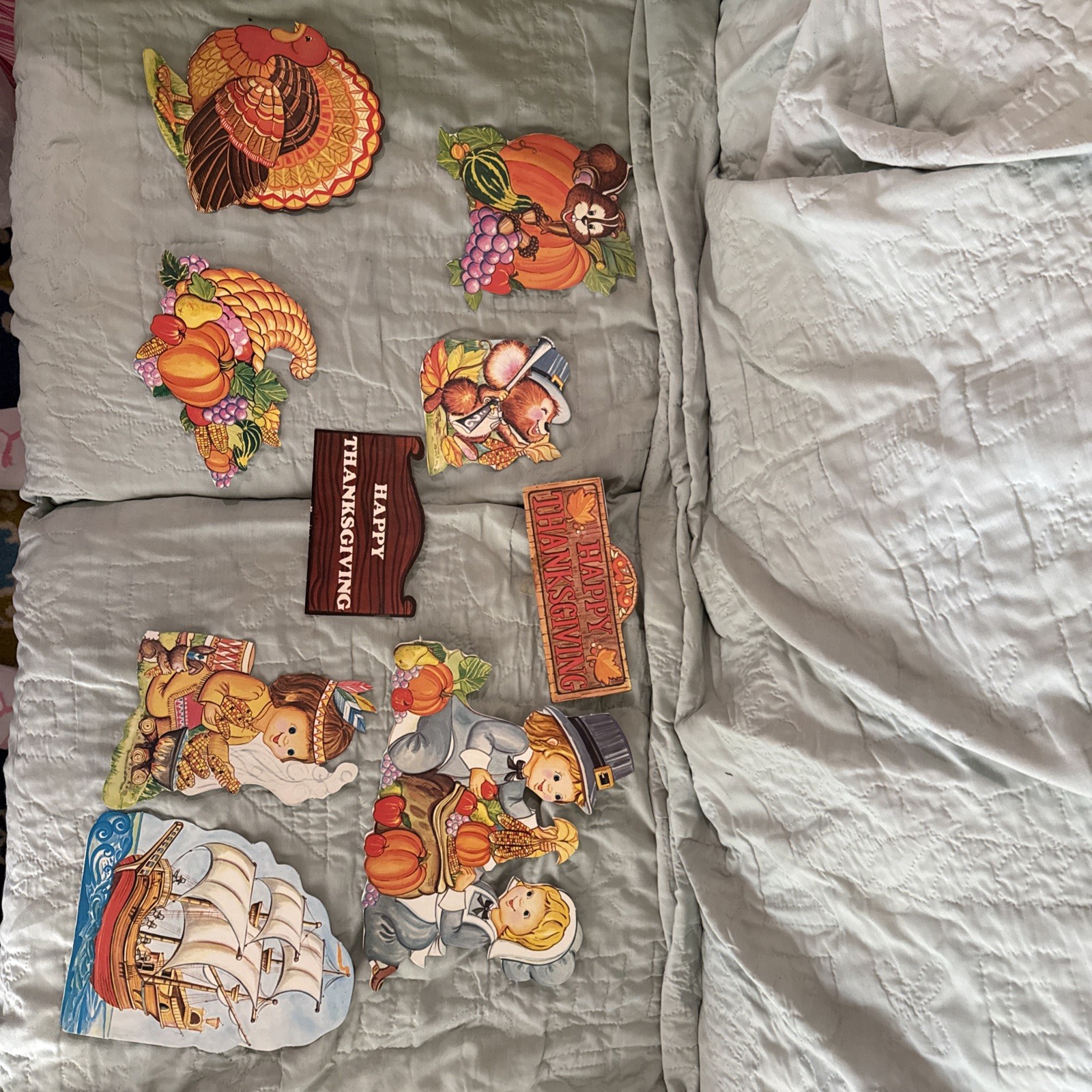 9 Vtg  Thanksgiving Die Cut Decorations Amscan Cardboard Turkey Pilgrims