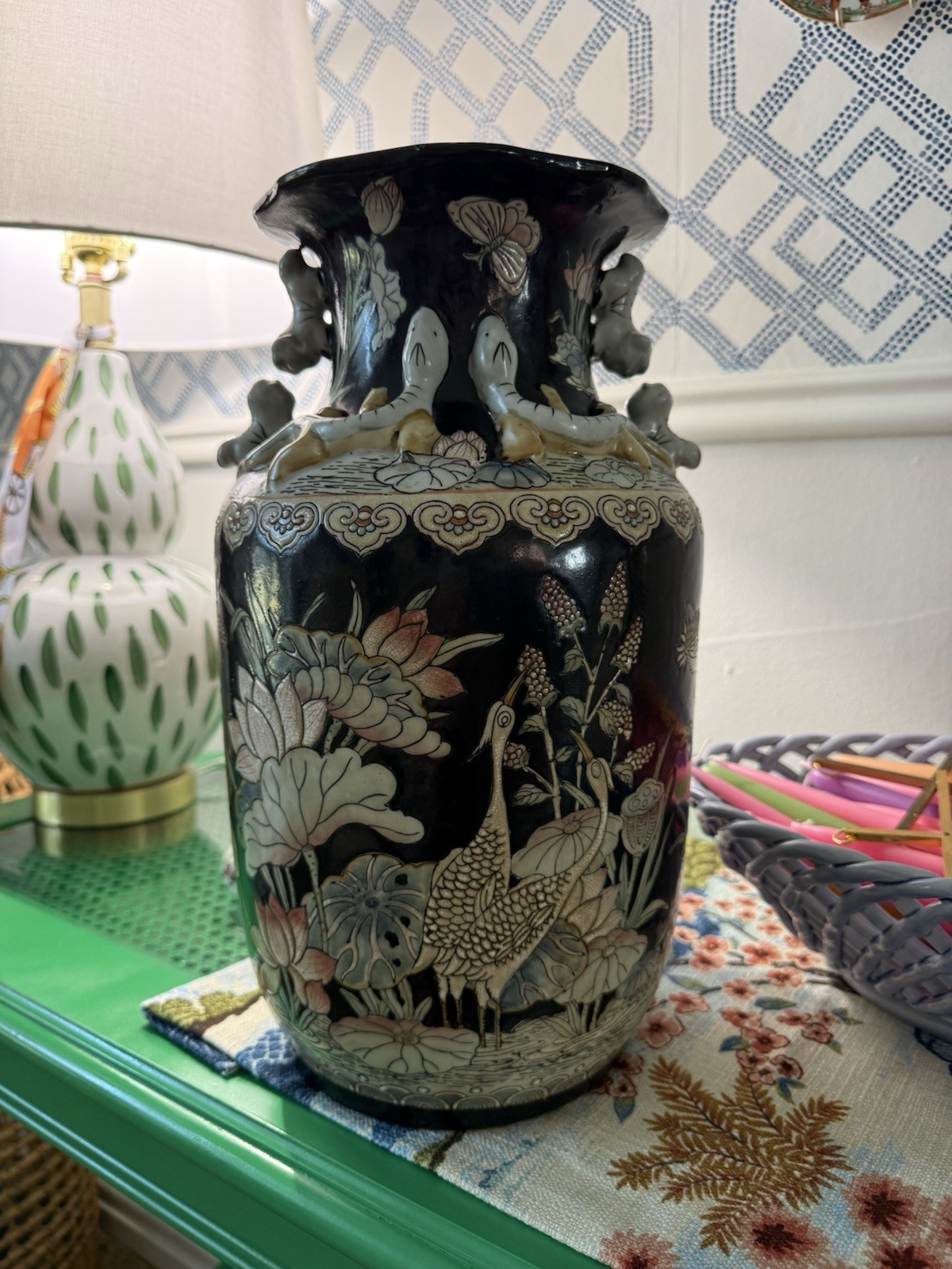 12” Vintage Chinese famille noire porcelain vase