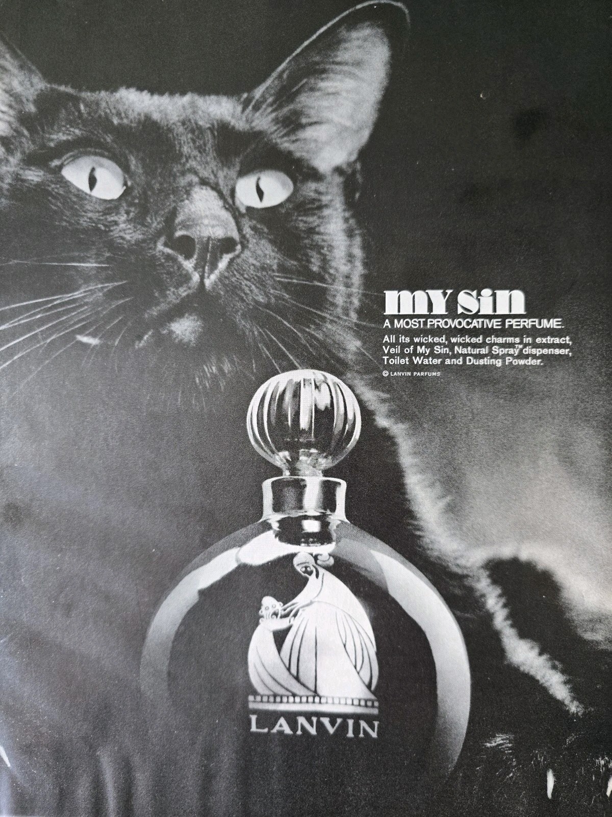  1966 Lanvin My Sin Perfume Bottle Black Cat Vintage provocative fragrance ad