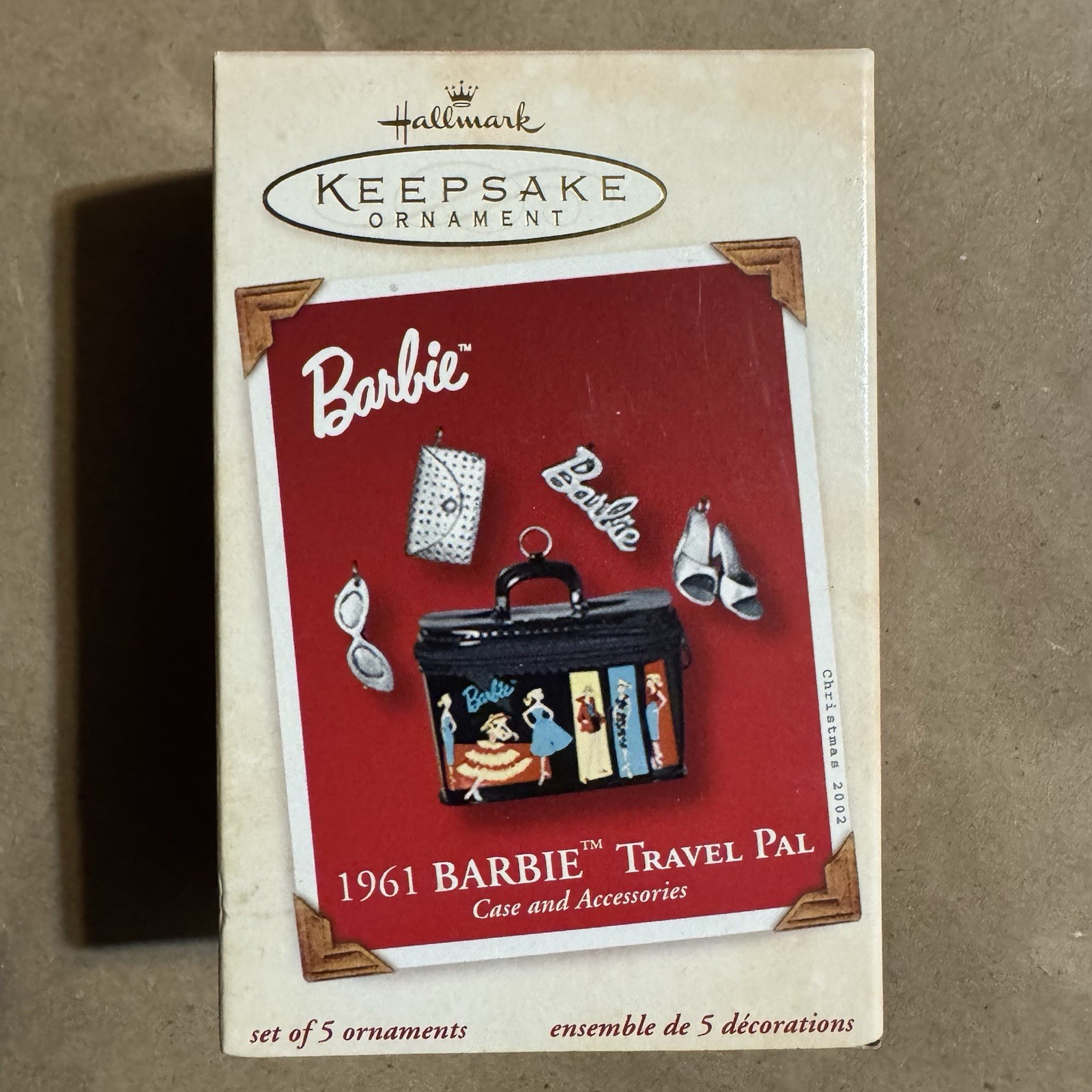 2002 Hallmark  Keepsake Ornament 1961 Barbie Travel Pal Case & Access. Set of 5