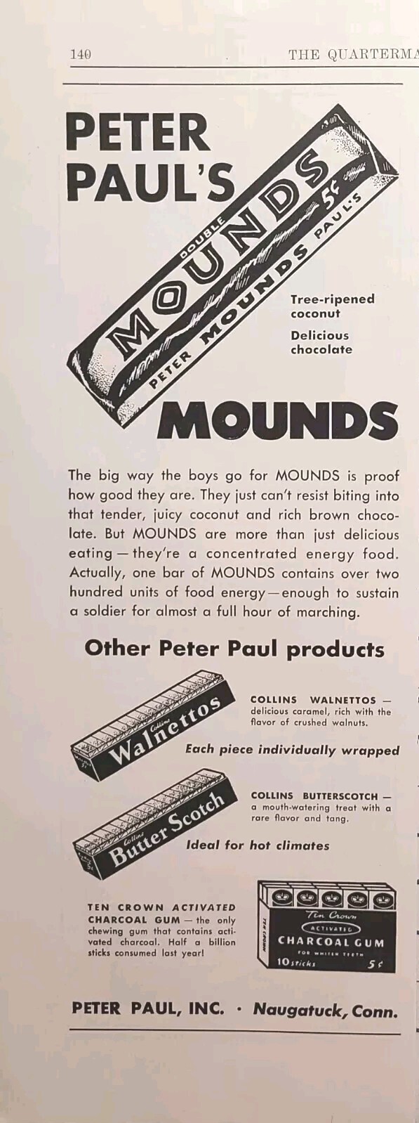Peter Paul\'s Mounds Naugatuck Coconut Chocolate Walnettos Vintage Print Ad 1943