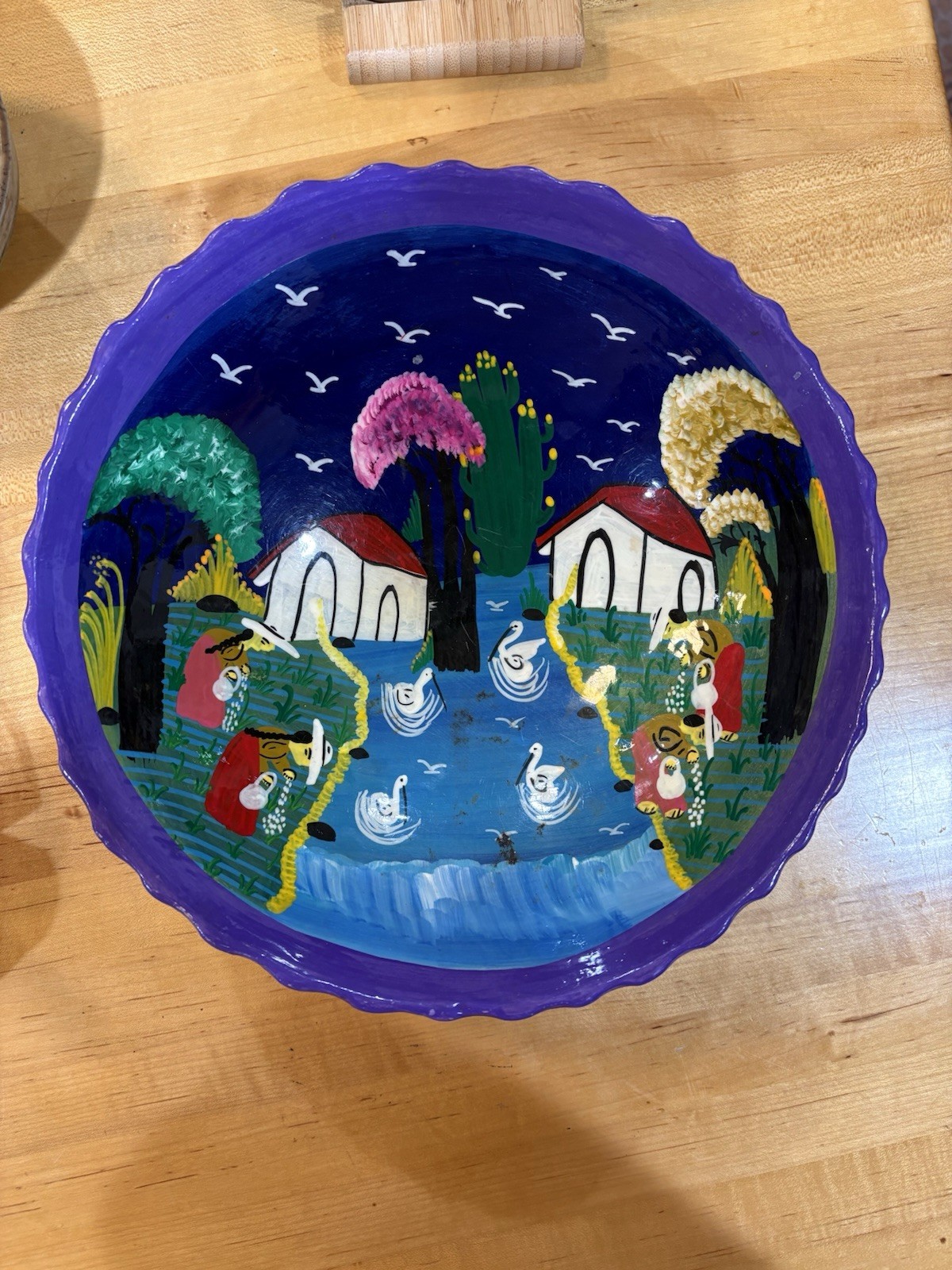 VTG Mexican Folk Art Hand-Painted Hanging Terracotta Story Bowl / Plaque – 9.25\