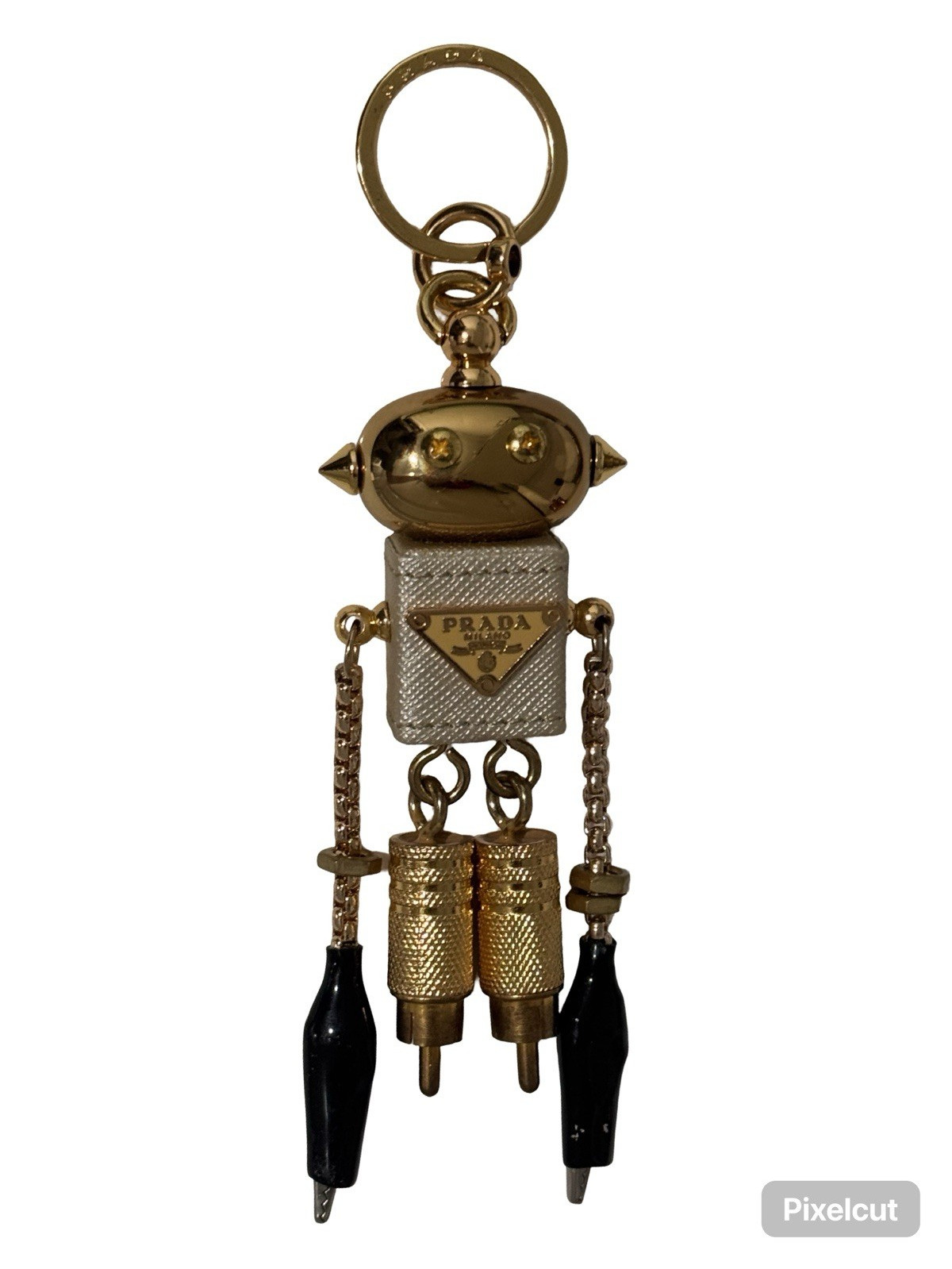 Prada Robot Keychain Key Ring Charm Gold Tone Metal Leather Black Silver