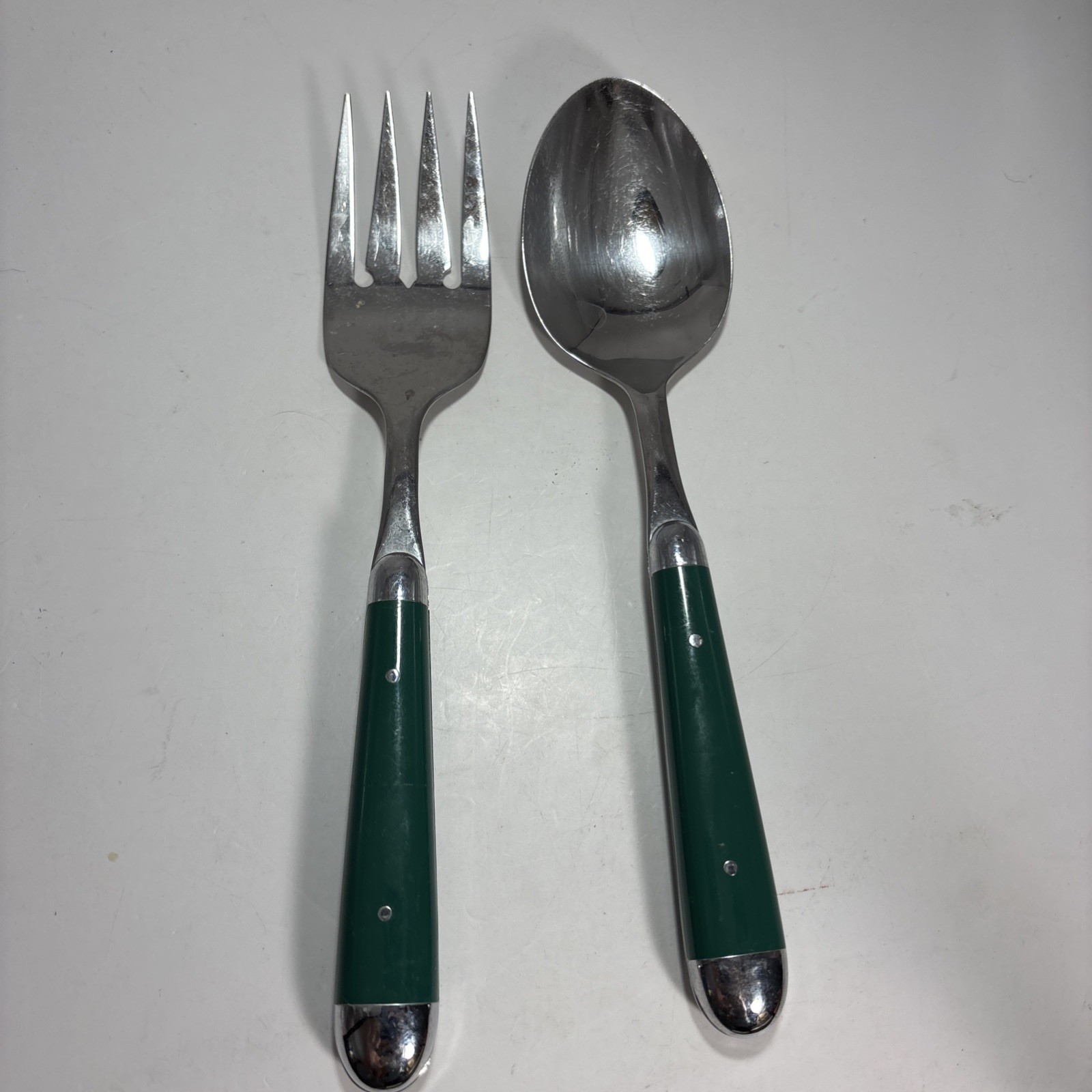 Vintage Big Large Stainless Flatware with Green Handles Big Fork Big Spoon ￼