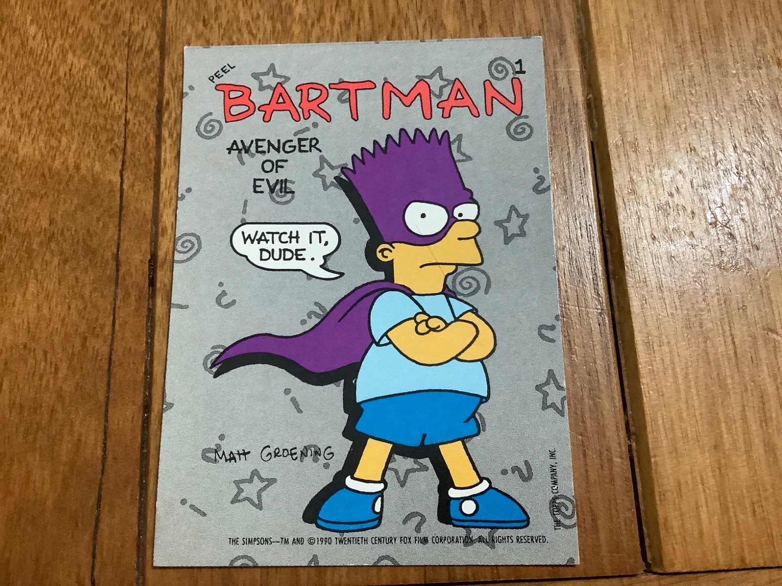 Bartman 1990 Topps The Simpsons Sticker #1 Avenger of Evil Bart Simpson Sticker