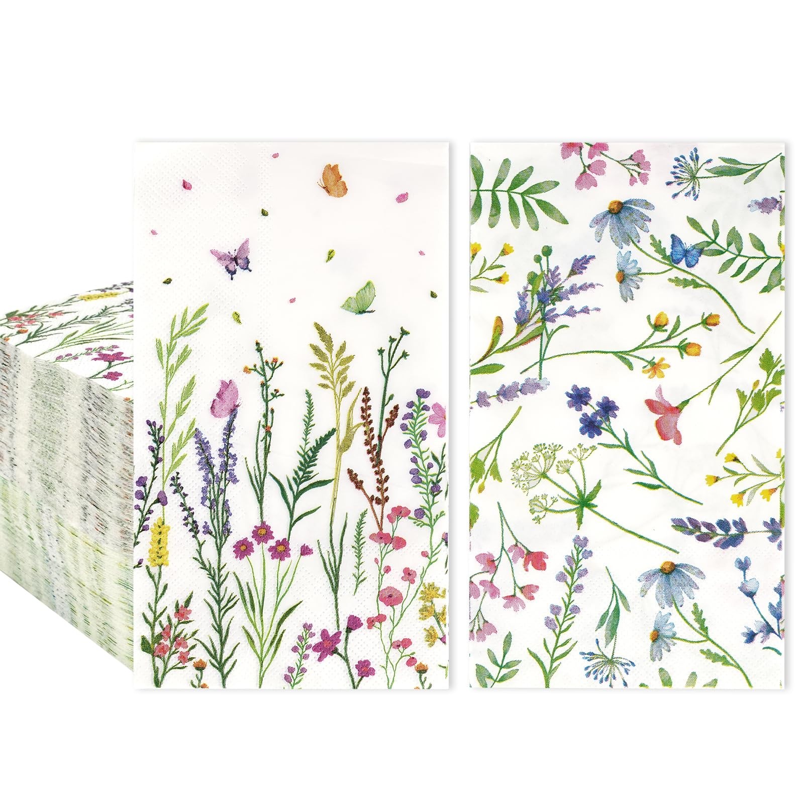100Pcs Floral Paper Napkins, 2-Ply Disposable Wildflower Party 100pcs, Green