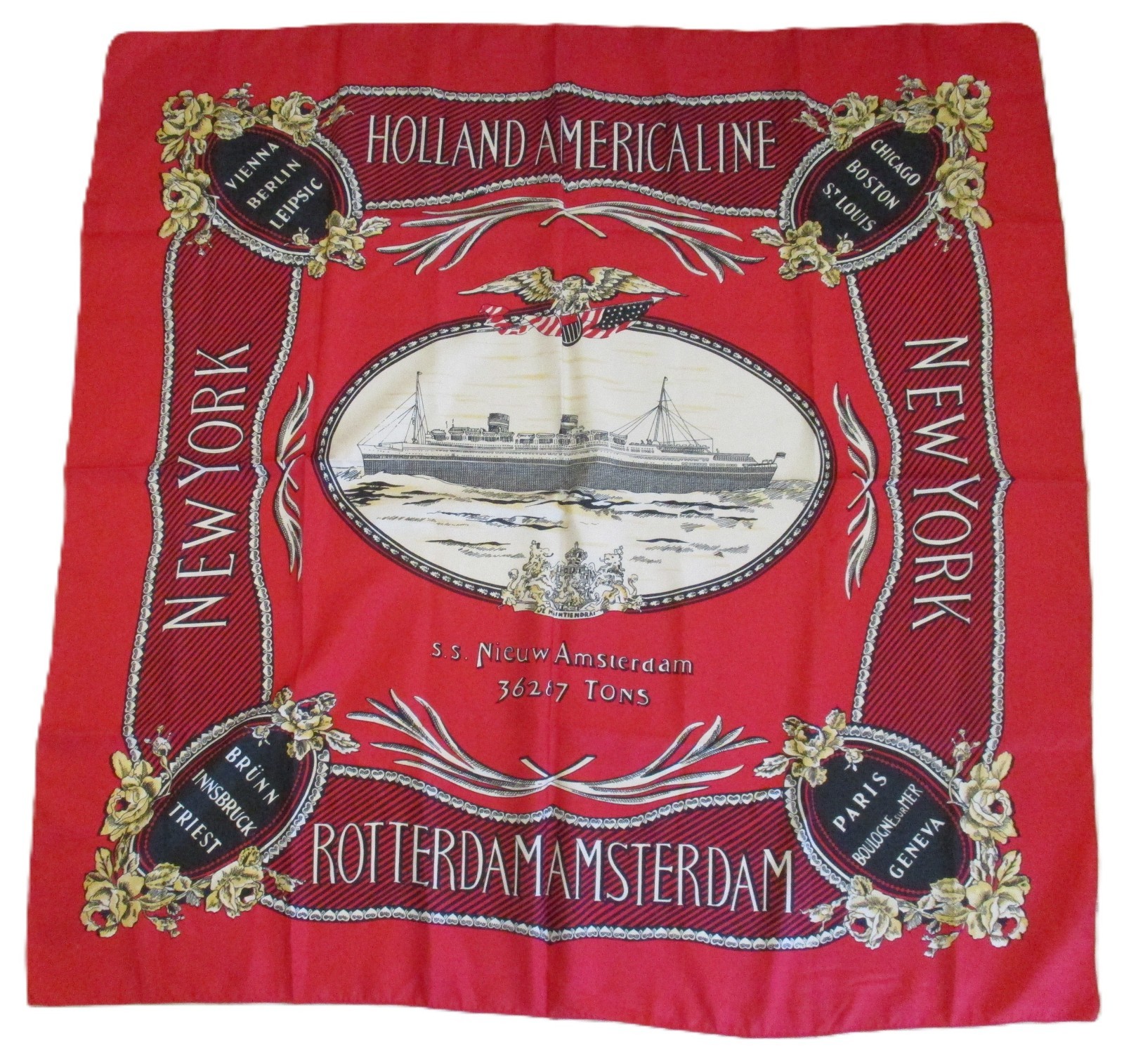 Vintage Holland American Line SS Nieuw Amsterdam 100% Silk Scarf  w/ tag