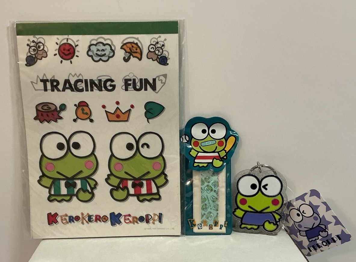VINTAGE SANRIO KEROPPI FROG TRACING FUN BANDAIDS & KEYCHAIN NEW OLD STOCK RARE