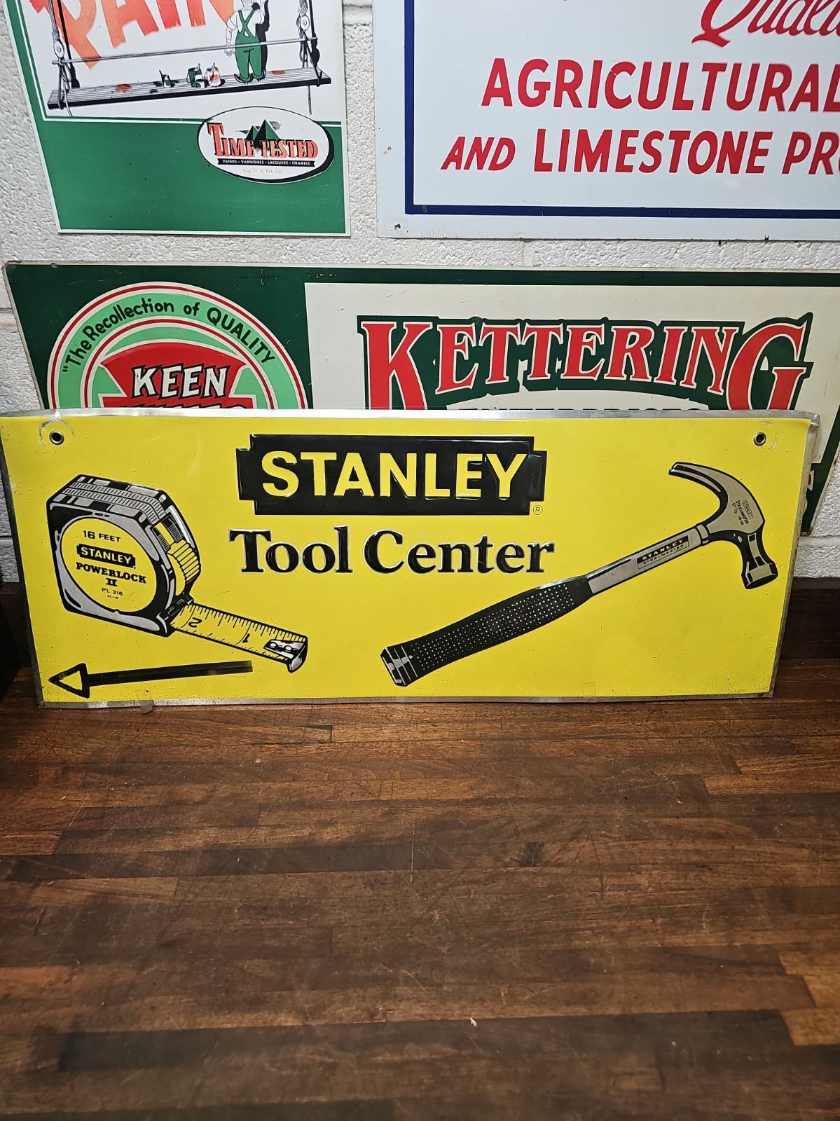 L7- Vintage Original STANLEY Tool Center STORE SIGN - Tin over Cardboard 28 x 11