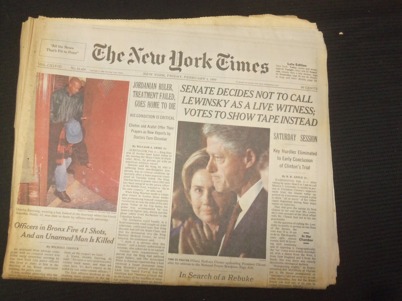 1999 FEB 5 NEW YORK TIMES NEWSPAPER -SENATE: LEWINSKY NOT LIVE WITNESS - NP 6971