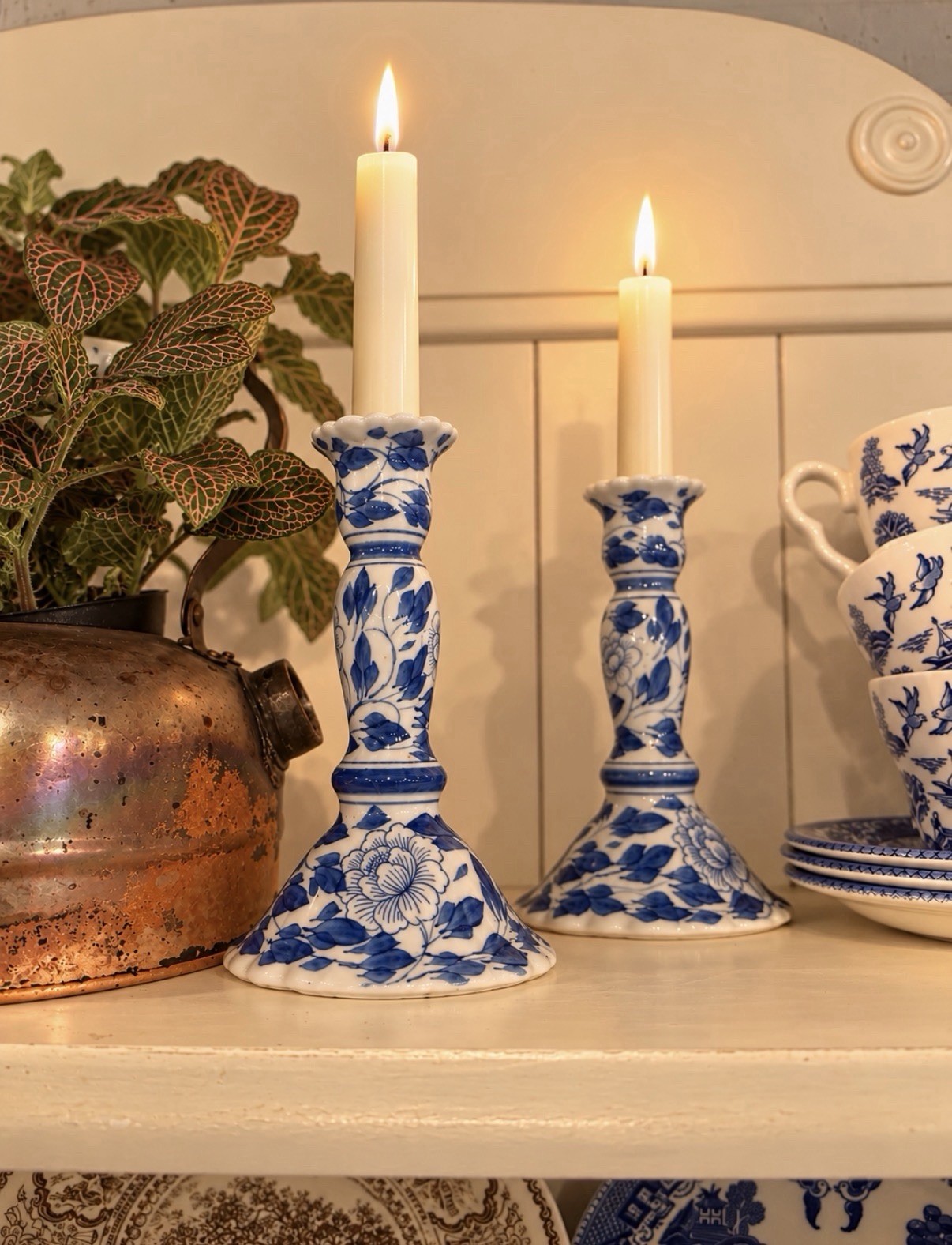 Vintage Blue White Porcelain Candlesticks Pair 6.75” Floral Chinoiserie Delft 