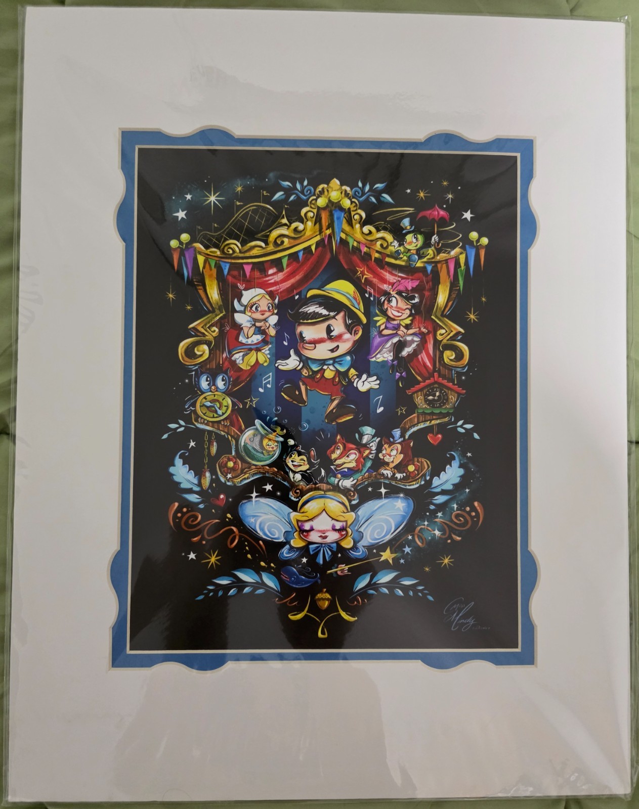 NEW Miss Mindy Pinocchio Figaro Cleo Blue Fairy Print 14 x 18” Disney Parks