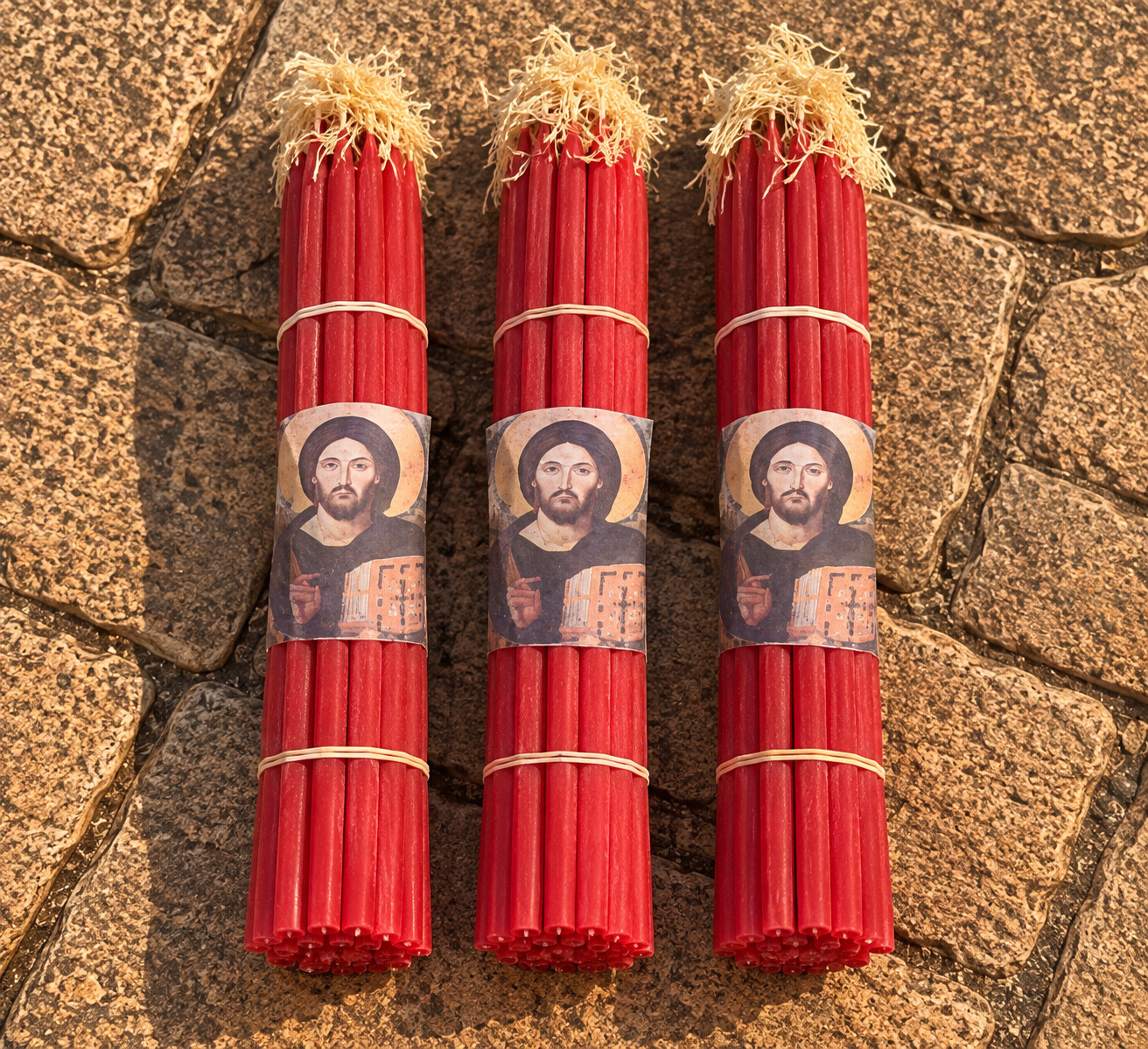 3 Bundles Red Orthodox Prayer Candles Jesus Christ Icon Holy Land Jerusalem