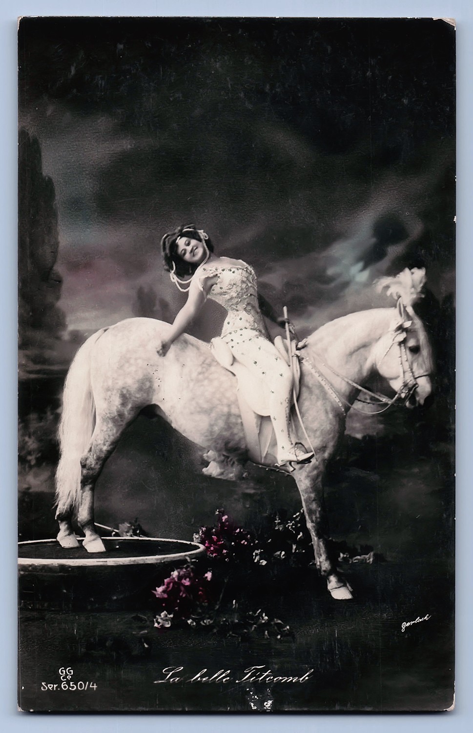 La Belle Fatma Lady White Horse Antique 1909 Tinted Photo Postcard GG Co -1303