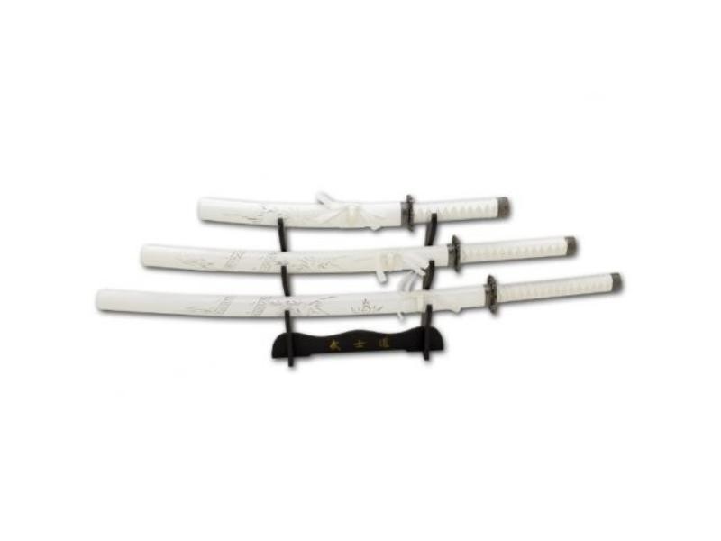 New 3 PCS White/Black Dragon Samurai Japanese Sword Set & Stand