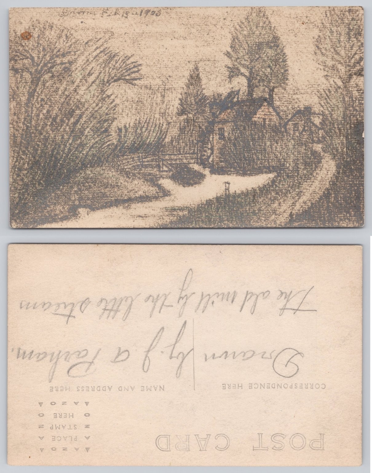 RPPC 1908 Original Sketch Postcard Old Mill by J. A. Parham Drawn Art