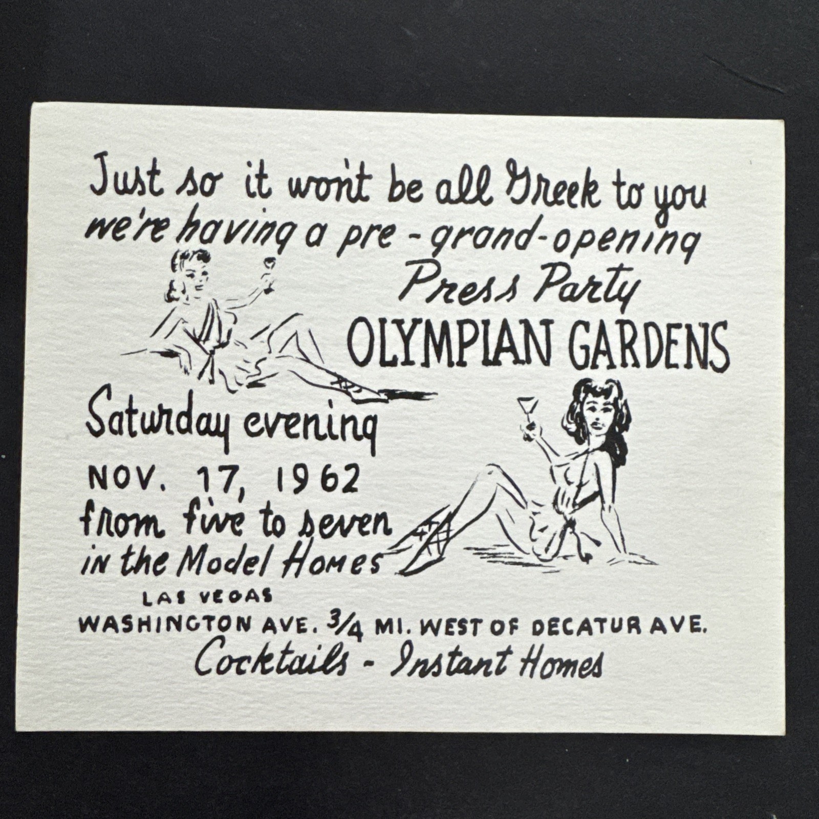 1962 Las Vegas Olympian Gardens Press Party Invite Card Mid Century Ephemera 5x6