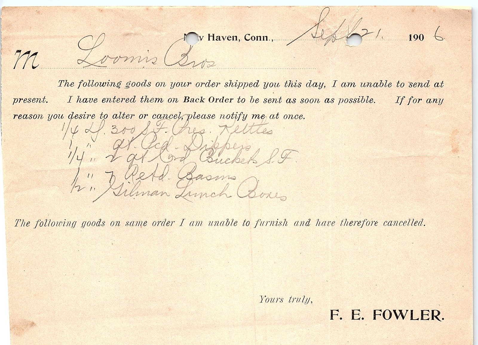 Vintage 1906 F. E. Fowler New Haven CT Back Order Billhead
