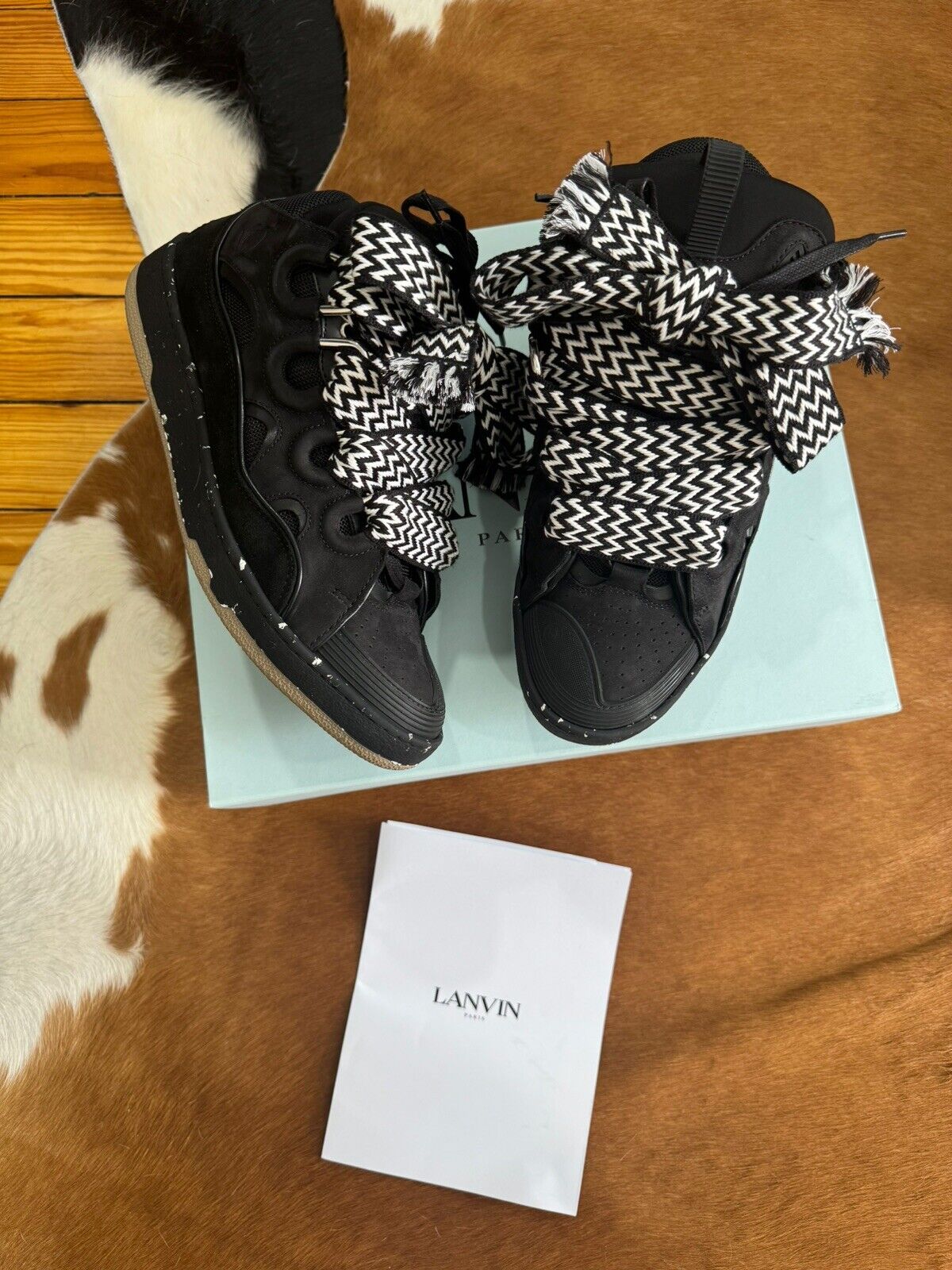 Lanvin EU 43 US 10 Leather Curb Sneakers Black OG all FM-SKRK11-DOTS-P2310